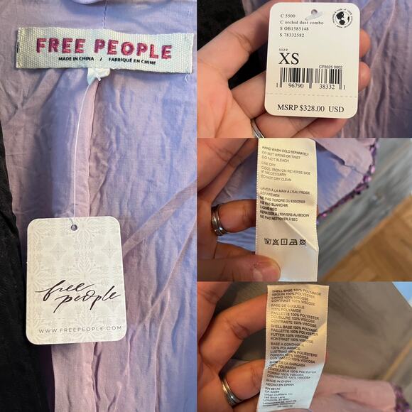 FREE PEOPLE Ella Duster Sequin Purple Combo Black Trim Jacket XS/S Oversized NWT - Picture 5 of 13